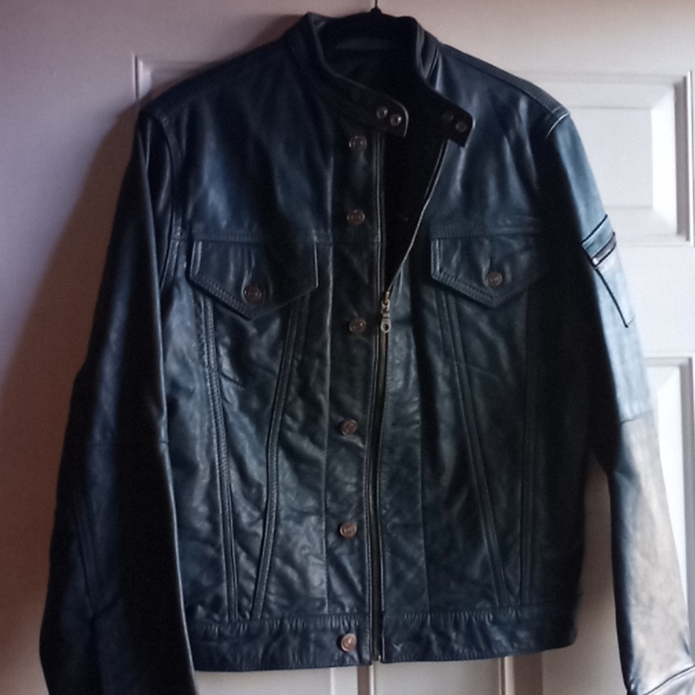 Used Blue leather jacket